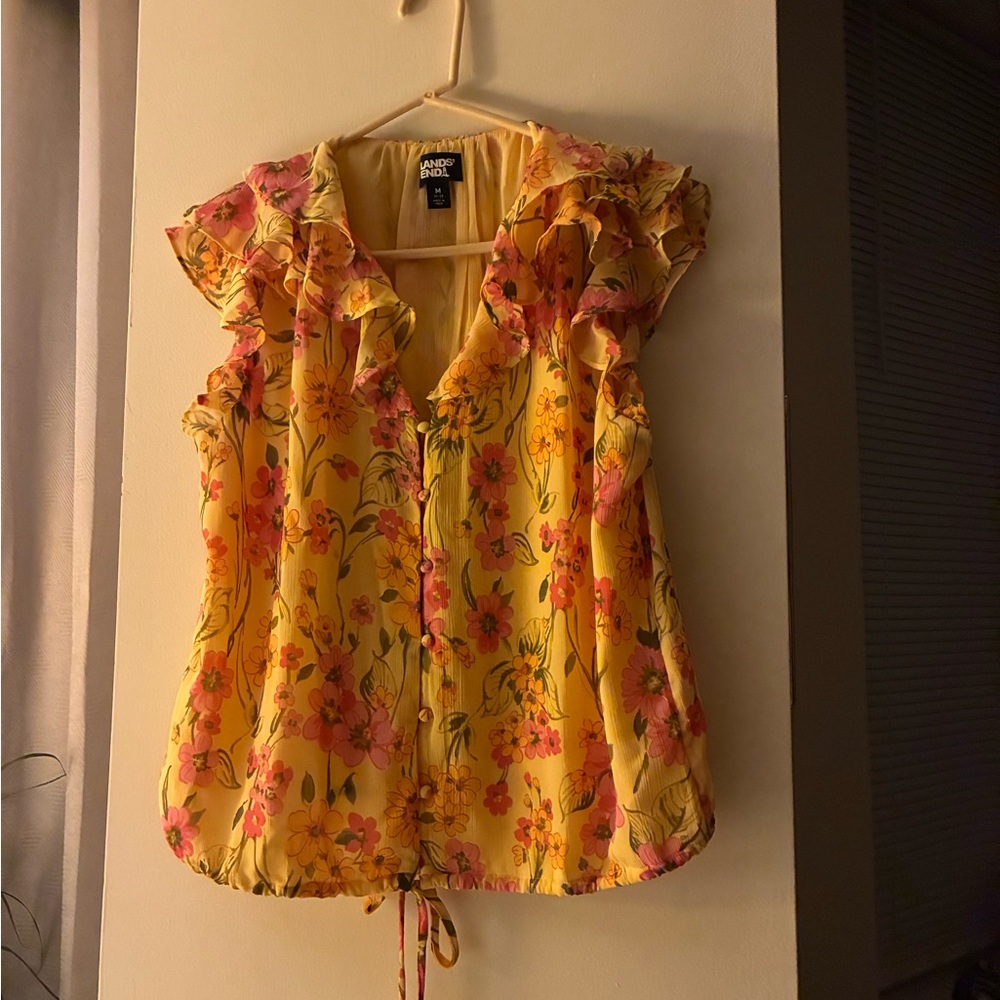 Lands' End Yellow Ruffled Tie Front Blouse